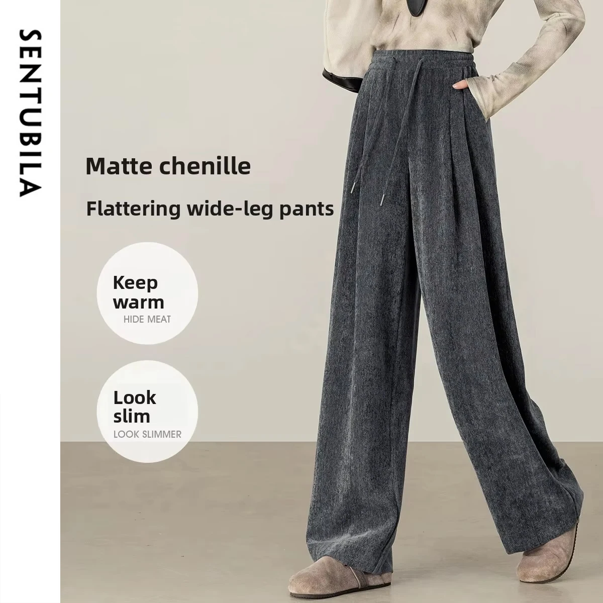 SENTUBILA Women's Wide Leg Pants 2026 Autumn High Waist Drawstring Loose Fit Pleated Trousers Warmth Casual Bottoms 153K80362