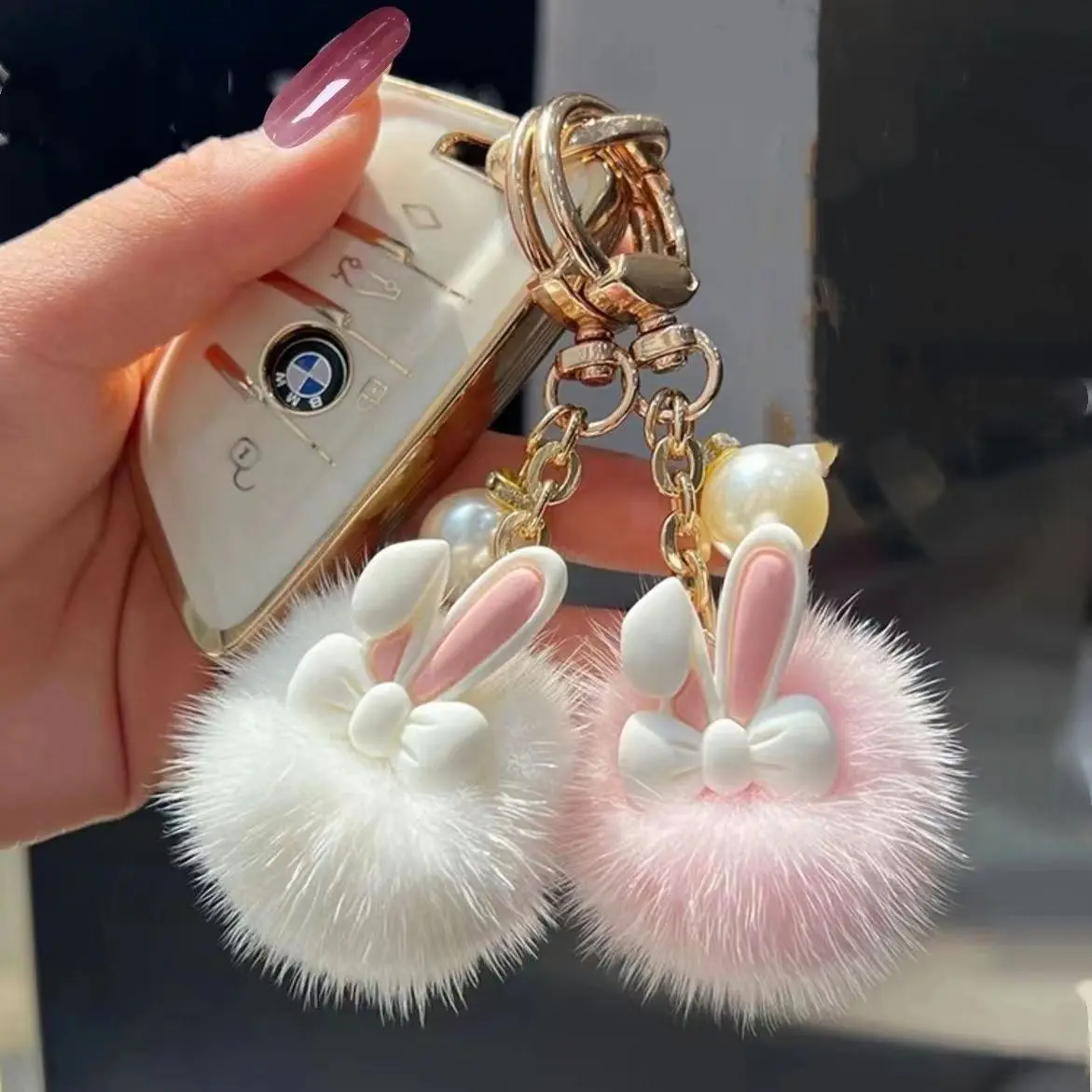 Cute Rabbit Plush Keychain Kawaii Bunny Doll Bag Charm Fluffy Fur Pom Pom Key Ring Car Pendant Multicolor Dopamine Gift