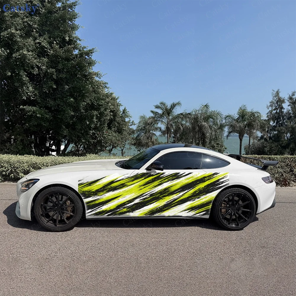2Pcs Black and Yellow Brush Strokes Car Body Side Stickers, Automotive Door Side Graphics for Cars, Car Decoration Accessory