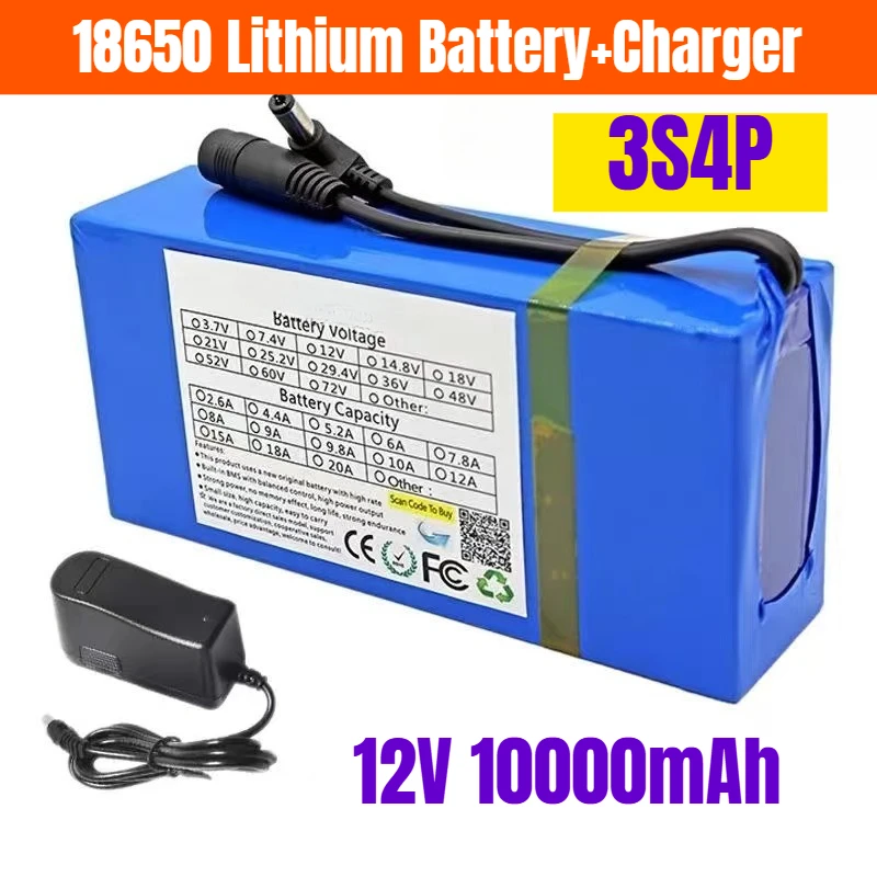 

12V 3S4P 10000mAh Battery Pack 18650 Lithium Battery+Charger
