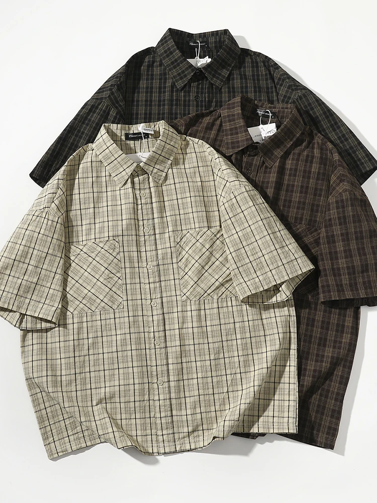 

Retro Japanese Style Pure Cotton Plaid Short Sleeve Casual Shirt Men's Summer Hong Kong Style Loose Fit Couple's Shirt