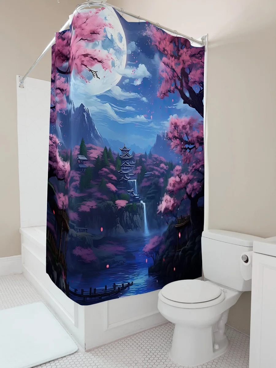 ‌ أزهار الكرز اليابانية الساحرة ليلة القمر الكامل ‌ ‌ يفتن مشهد ستارة دش مقاومة للماء ديكور الحمام