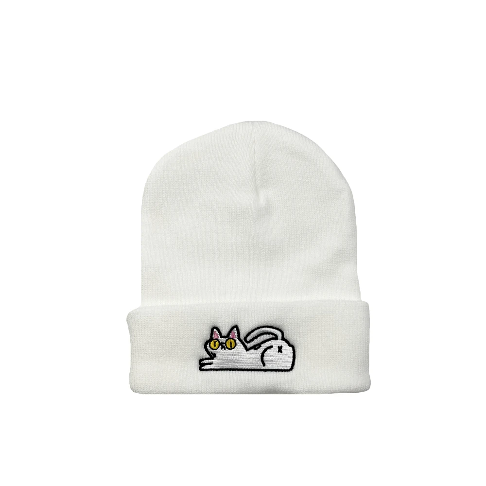 Cartoon Cat Embroidery Knitted Hat Autumn Winter Warm Skullies Cap Beanie Hat for Men and Women