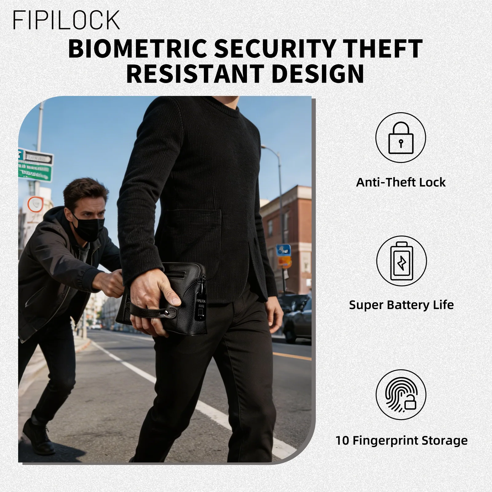 FIPILOCK Mens Fashion Casual Clutch Bag for Women Business Travel with Smart Fingerprint Unlock Large Capacity Card Holder view 3