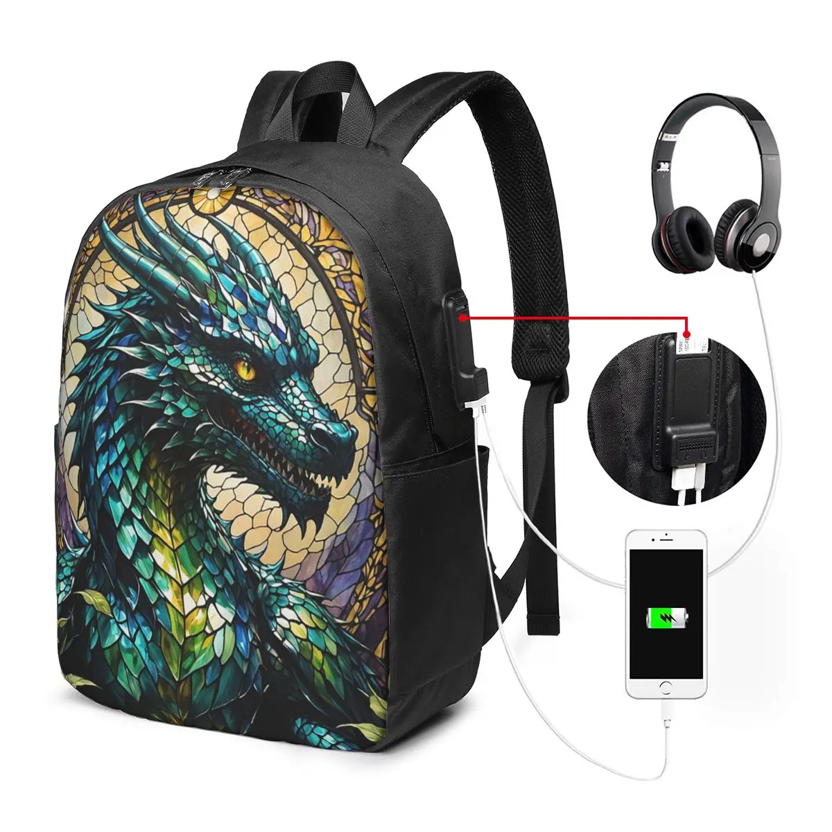 Vibrant Dragon Stained Glass Art Backpack Travel Notebook Bag Computer College Student School Bag Laptop Shoulder Bags Men Women
