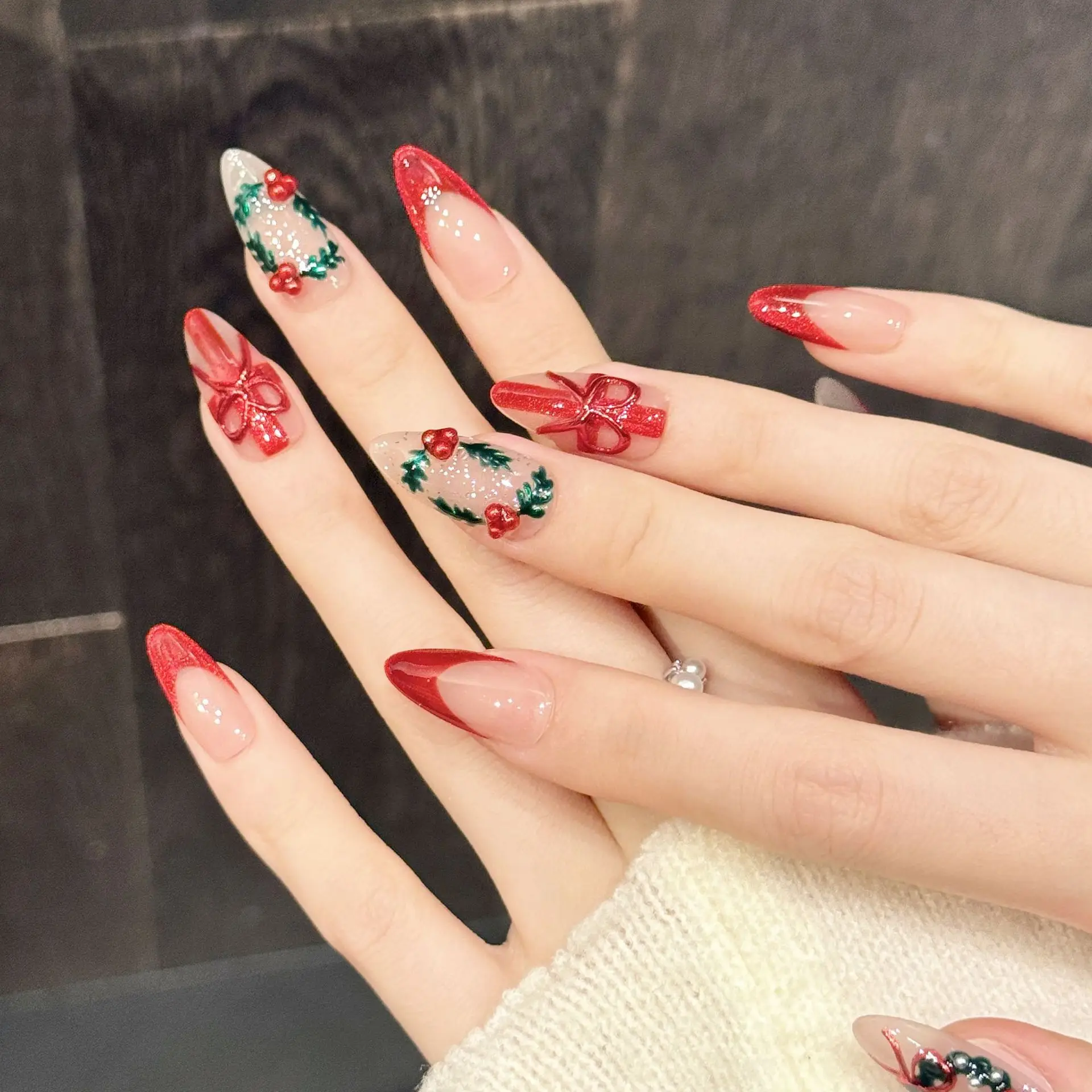 10Pcs Christmas Red Nude Medium Almond Press On Nails with Floral Bow Design Holiday Nail Art With 4-PIECE Tool Adhesive Nail