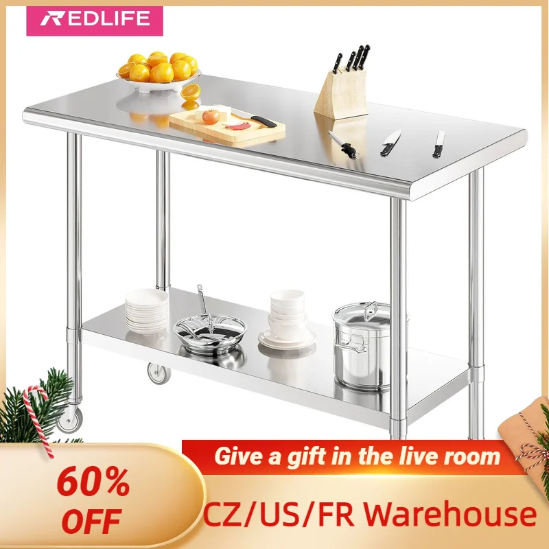 

REDLIFE-Stainless Steel Work Table, 2-Stage Adjustable Shelf, Heavy Duty Food Prep Worktable for Restaurant, Home and Hotel