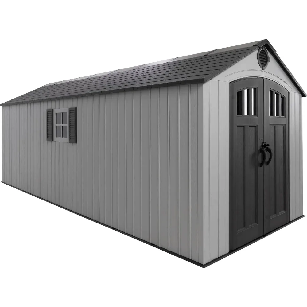 

Наружный сарай для хранения вещей, 8x20 футов, серый, полимерный сарай для инструментов для заднего двора с запираемыми дверцами и устойчивыми к атмосферным воздействиям панелями