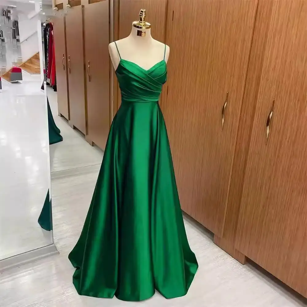 Simple Spaghetti Straps A-Line Satin Evening Dress Long Pleat Party Gown Lace Up abendkleid 2024 vestidos de fiesta فساتين سهرة