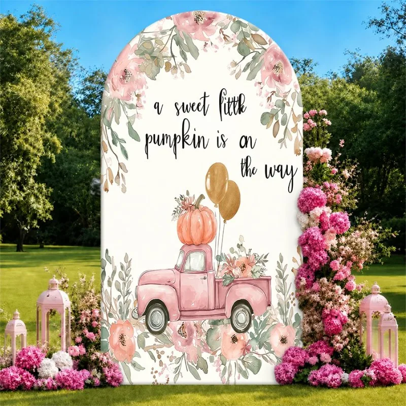 

Single Side Arch Backdrop Cover Autumn-themed backdrop featuring a pink vintage truck with pumpkins and balloons surrounded by