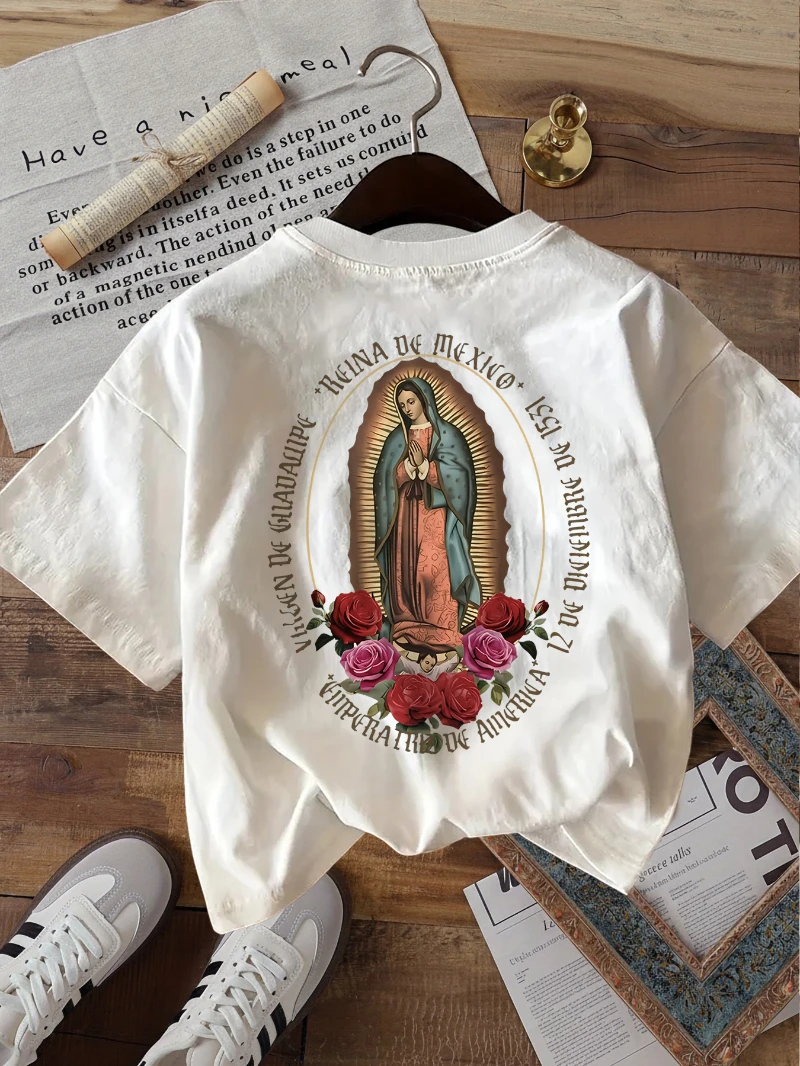 Double-sided Print Summer Casual Women's Top, Vintage Style, Our Lady of Guadalupe Queen of Roses Print, Round Neck Pure