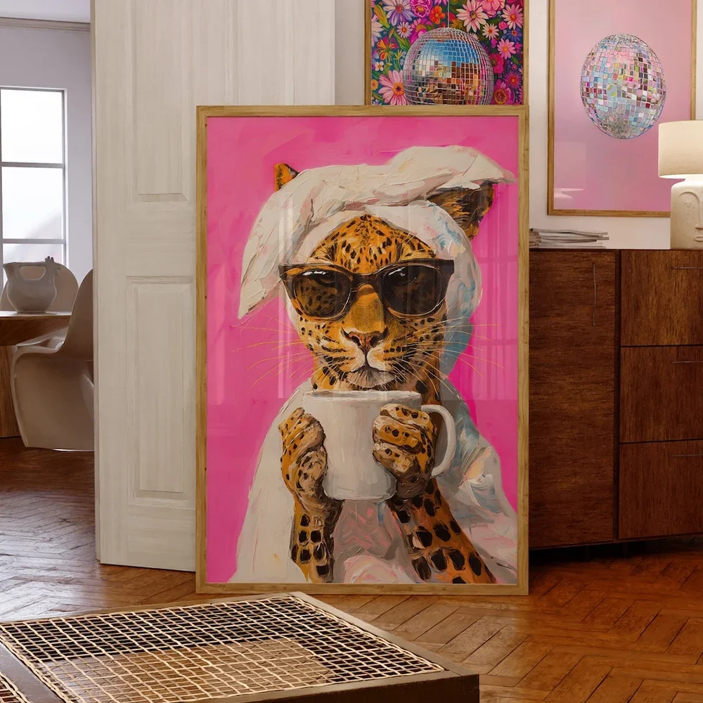 Moderno leopardo che beve caffè mattutino colorato dopamina poster artistico su tela - pittura murale decorativa per la casa per soggiorno