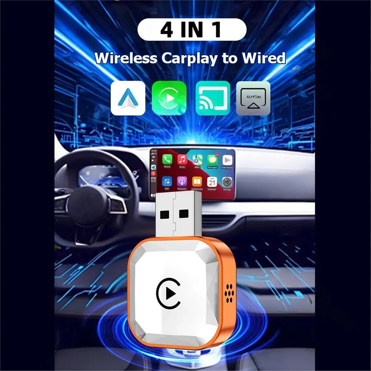【Smart Accessories】 4in1 Wireless Carplay Adapter AI Box Airplay/Mirror Link/Android Auto/Carplay USB Dongle Wired to Wireless C
