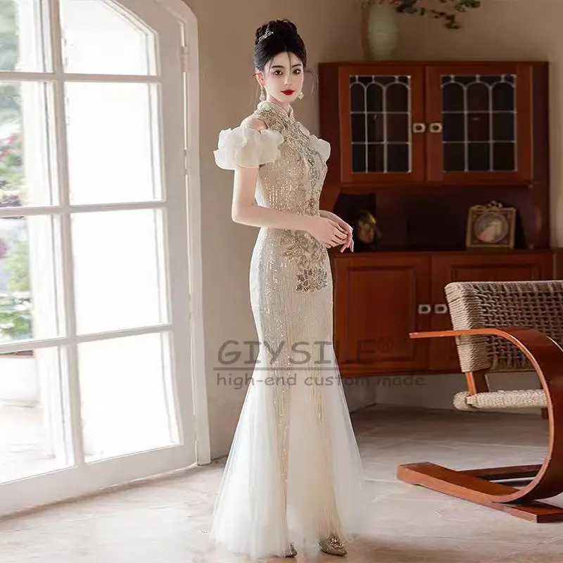 

GIYSILE Customized Luxury Evening Dress 2025 New Fashion Sequined V-neck Zipper Back Heavy Industry Banquet Fishtail Dresses