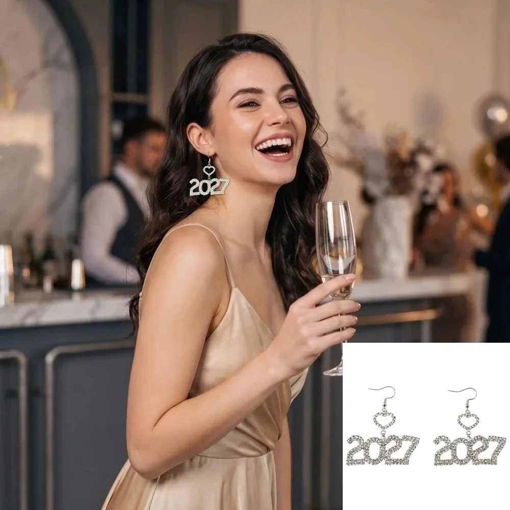 Elegant 2027 Digital Earrings Hollowed-out Fashion Long Drop Happy New Year Earrings Heart-Shaped Rhinestone