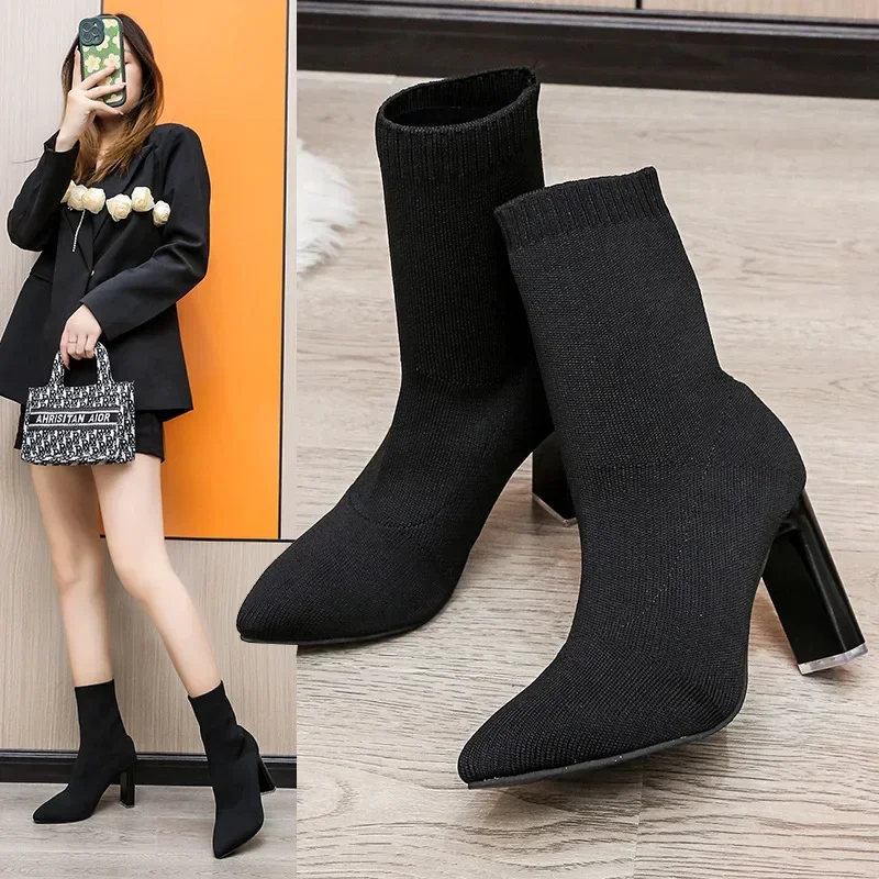 

Simple Women's Sock Boots Comfortable 9cm Women's High Heels 2024 New Hot One-step Elastic Women Warm Boots Botines Para Mujeres