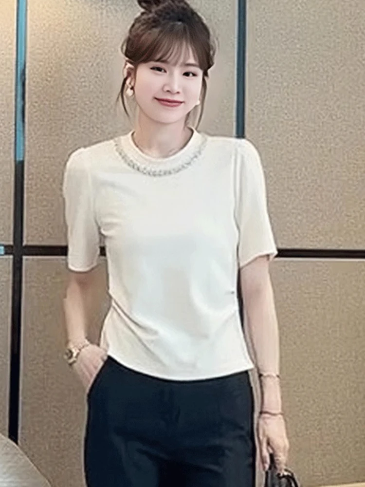 Camiseta holgada con adornos de diamantes redondos Ne ort Sve adelgazante Faionable coreano Sle viaje viento novedad de verano llegada