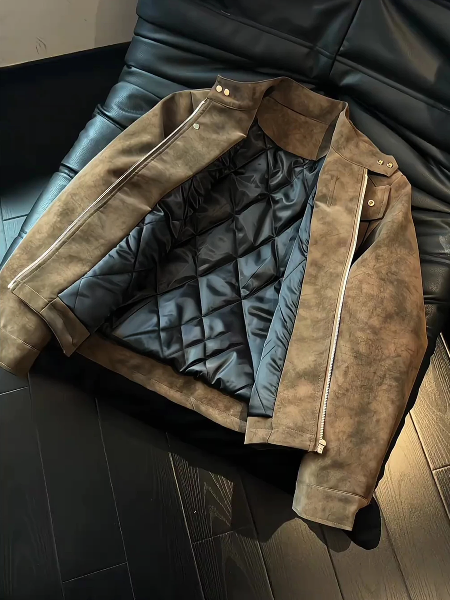 Jaket Pria Musim Dingin Thiened Cotton Flng, Mantel Kulit PU Retro Amerika, Jaket Berwarna dengan Dekorasi Logam, Resleting Panjang...