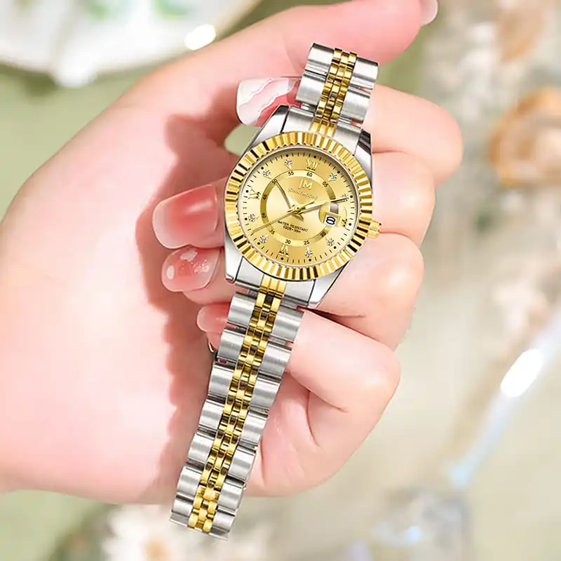 JONNY MOORE J1040 Fashion Luxury Steel Strip Quartz Watch with Diamond Inlaid Waterproof Calendar Diamond Watches for Women's