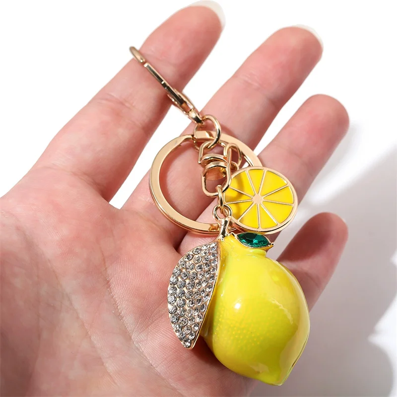 Trendy Design Creative Artificial Fruit Cute Rhinestone Little Lemon Car Keychain Women's Bag Pendant Keychain Ring Cartoon Gift