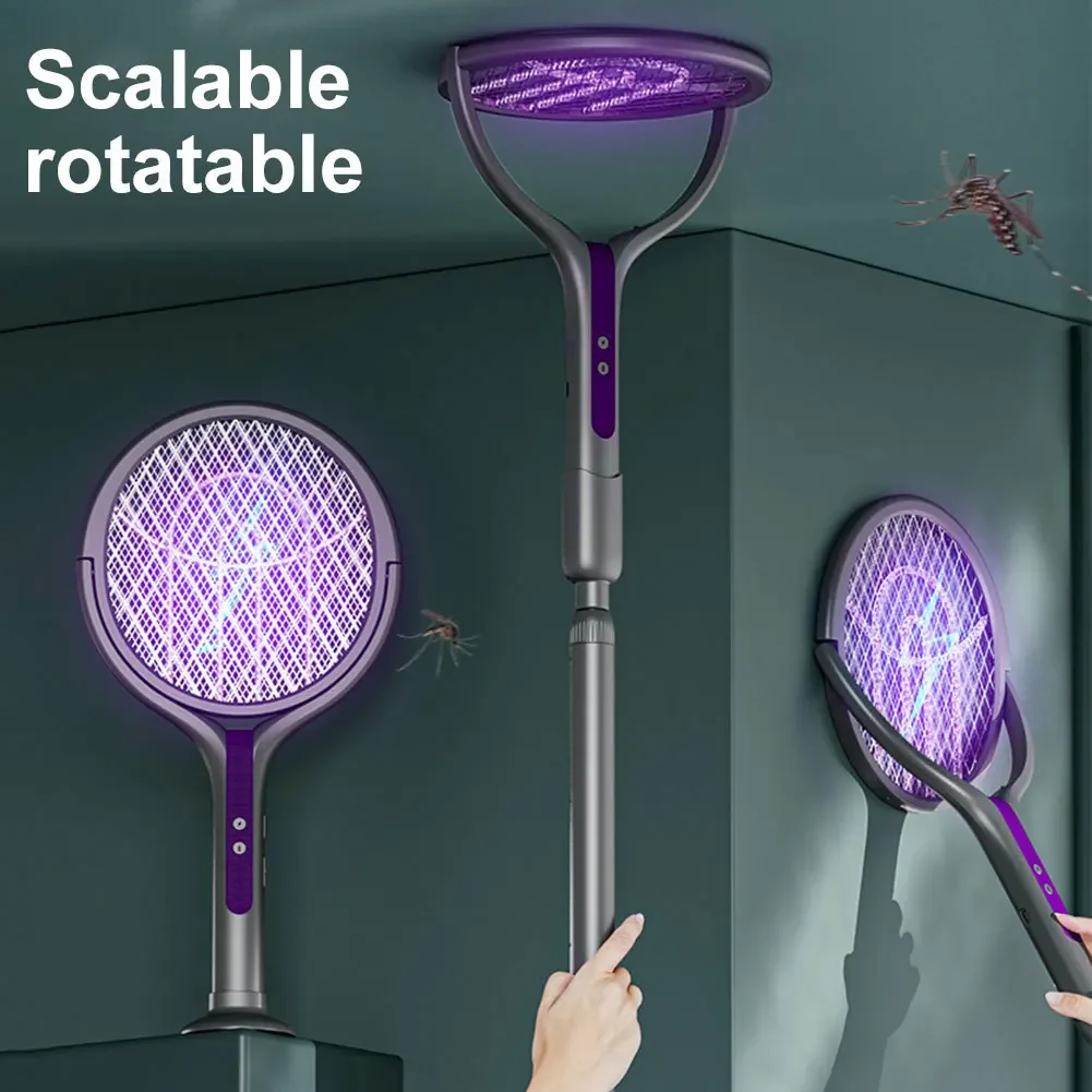 

USB Rechargeable 2-in-1 Extendable Mosquito Swatter with Rotating Head Purple Mosquito Trap Light for Indoor Outdoor Camping ﻿