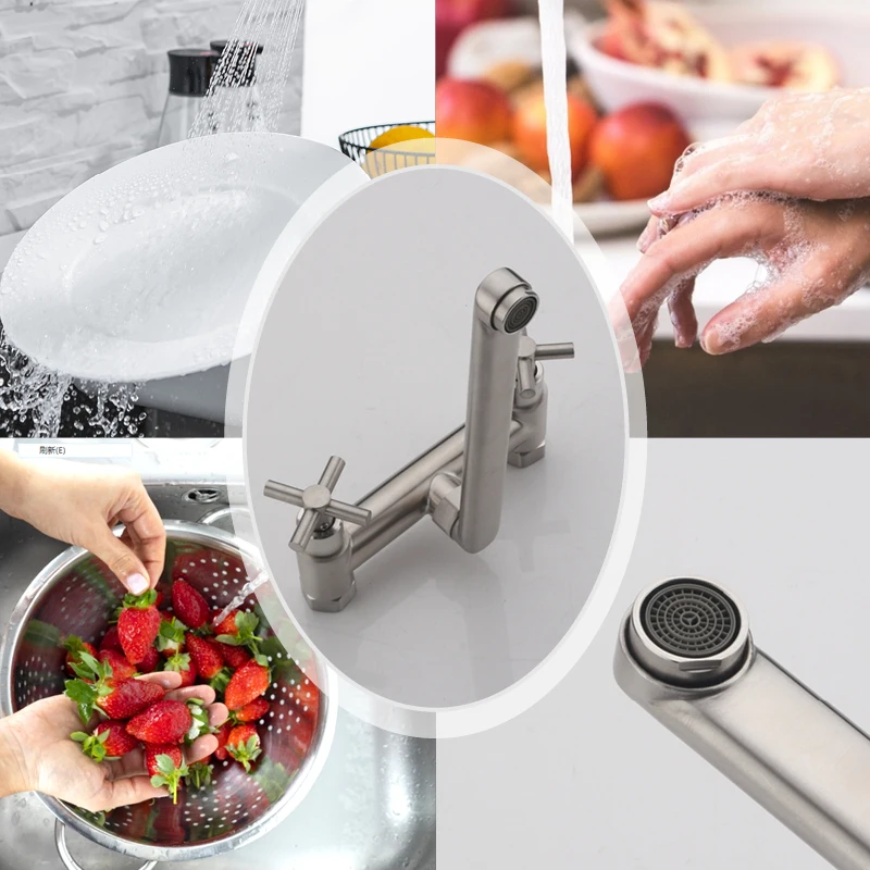 صنبور حوض المطبخ بفتحة مزدوجة مثبت على الحائط قابل للدوران 360 درجة °   صنبور حوض السفينة الحديث بمقبضين، صنابير خلاط باردة وساخنة مصقولة
