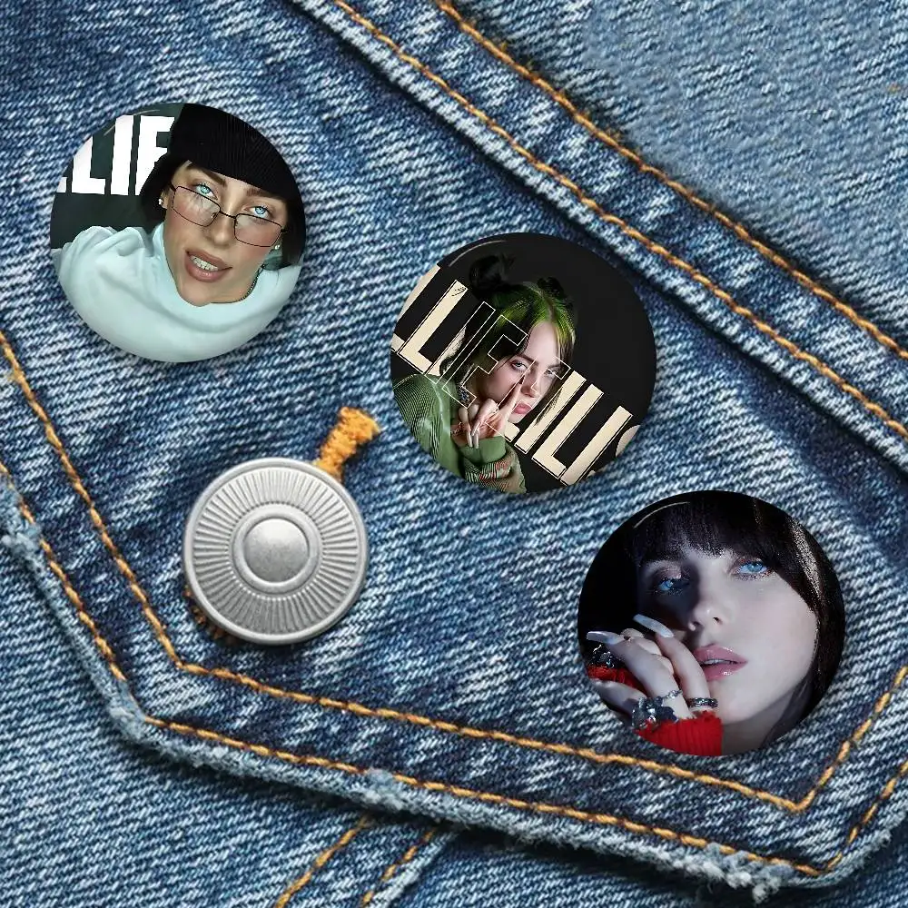 B-BillieS Singer E-EilishS Round Button Pins Slogan Creative Brooches Backpack Clothes Decoration Fashion Cartoon Jewelry Gifts