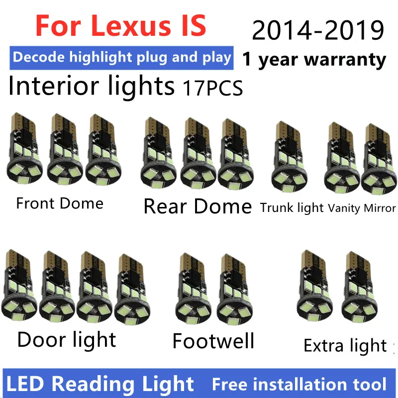 For Lexus IS200 IS250 IS350 2014 15 16 17 18 19 LED Interior Light Bulb Kit Canbus Car Reading Dome Trunk Vehicle Indoor Lamp