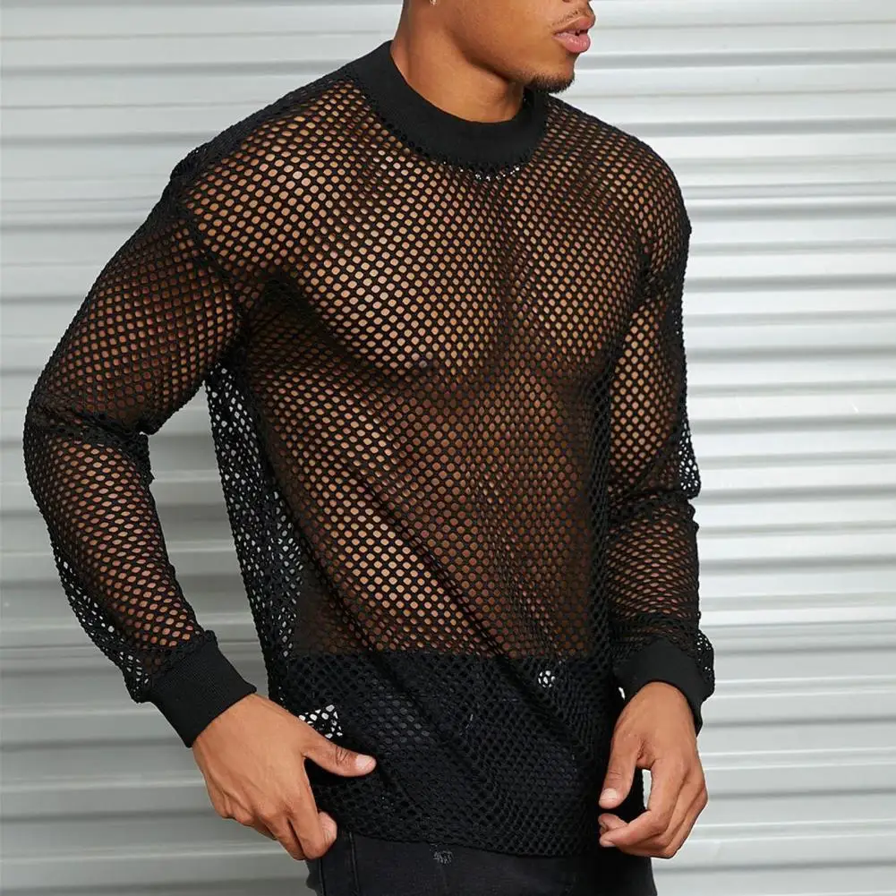 Summer Men Mesh Top Ultra Thin See-through Solid Colo RO Neck Long Sleeves Men Shirt Casual Elastic Cuff Sleeve Male Muscle Tee