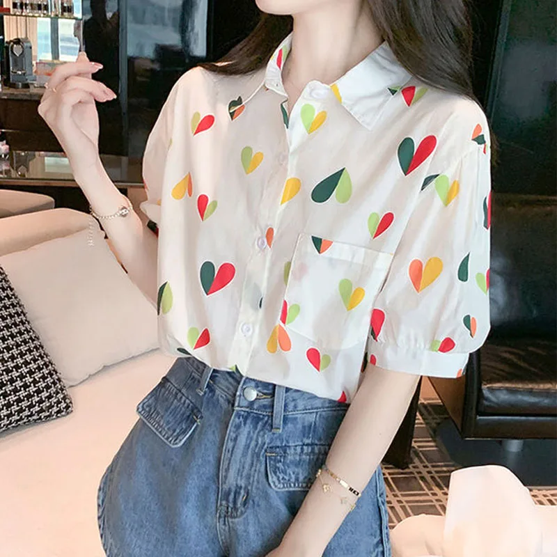 Korean Fashion Printed Turn-down Collar Shirt For Female Summer All-match Short Sleeve Casual Button Blouse Women\'s Clothing