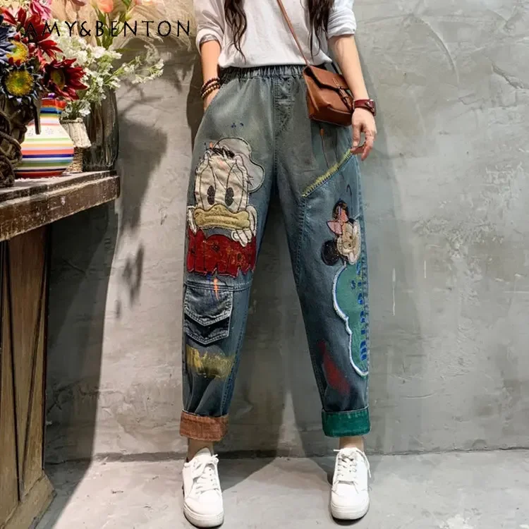 Celana Denim pinggang tinggi wanita, celana Denim kasual sulaman pinggang tinggi, warna kontras longgar ukuran besar Retro Musim Semi