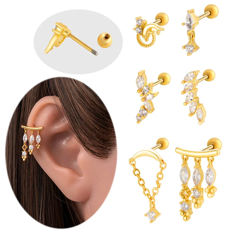 2Pcs Stainless Steel Piercing Labret Lip Stud Internal Thread Stud Earring Zircon Horse Eye Pendant Helix Body Piercing Jewelry