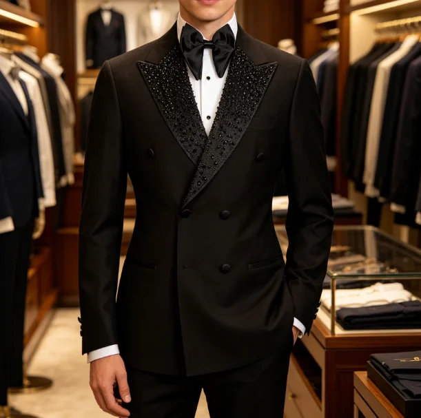 Sparkly Rhinestone Black Tuxedo Suit 2 Piece Set For Men Double Breasted Blazer And Slim Fit Pants Prom Wedding Customized