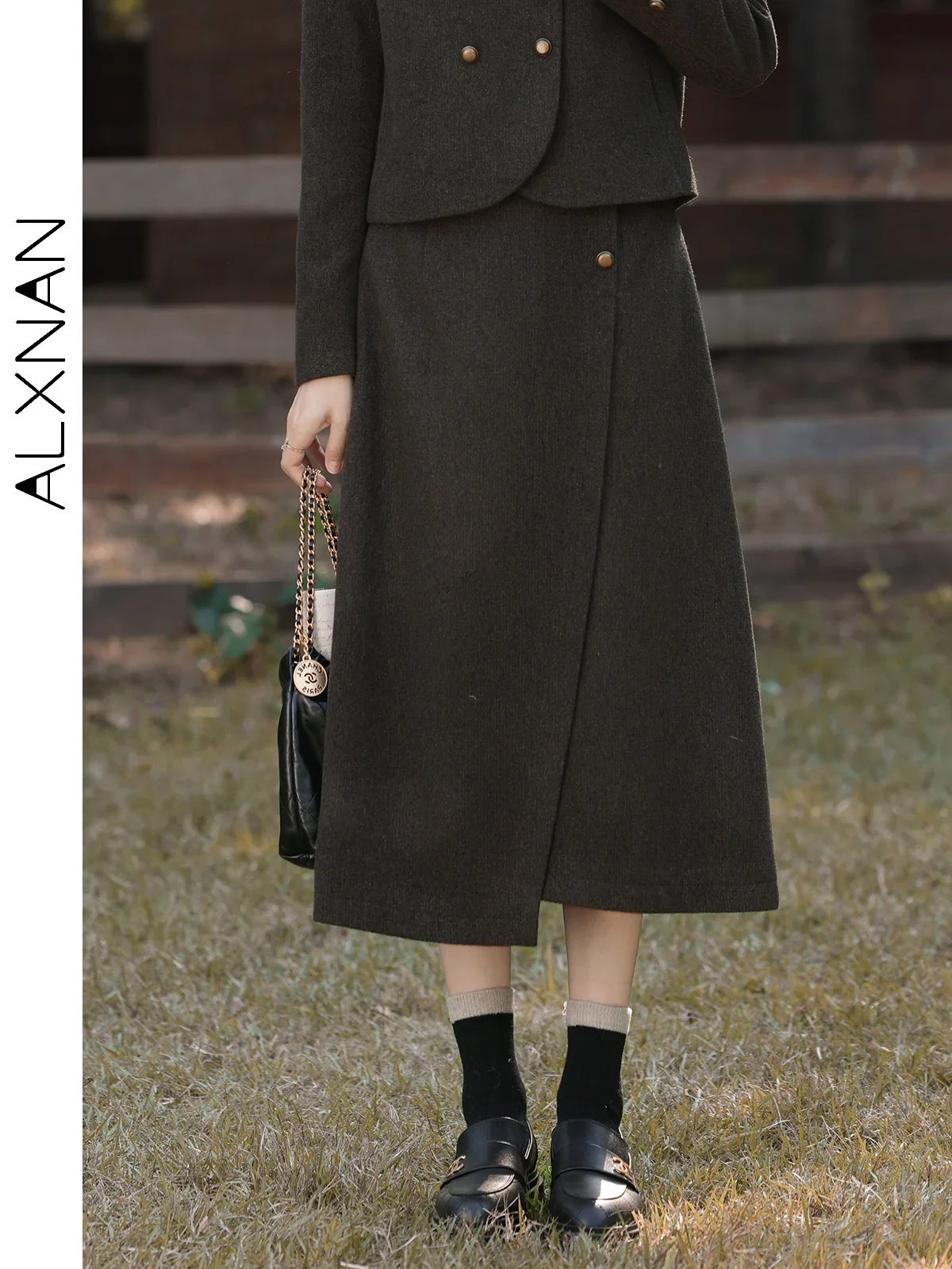 ALXNAN Elegant Midi Skirts for Women 2024 Autumn Winter New Irregular Fashion Vintage Solid Lady Skirt Sold Separately L330262BQ