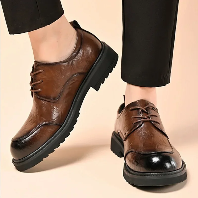 

Spring Autumn New Designer Men's Dress Shoes Fashion Casual English Style Thick Soles Leather Platform Work Shoes Male