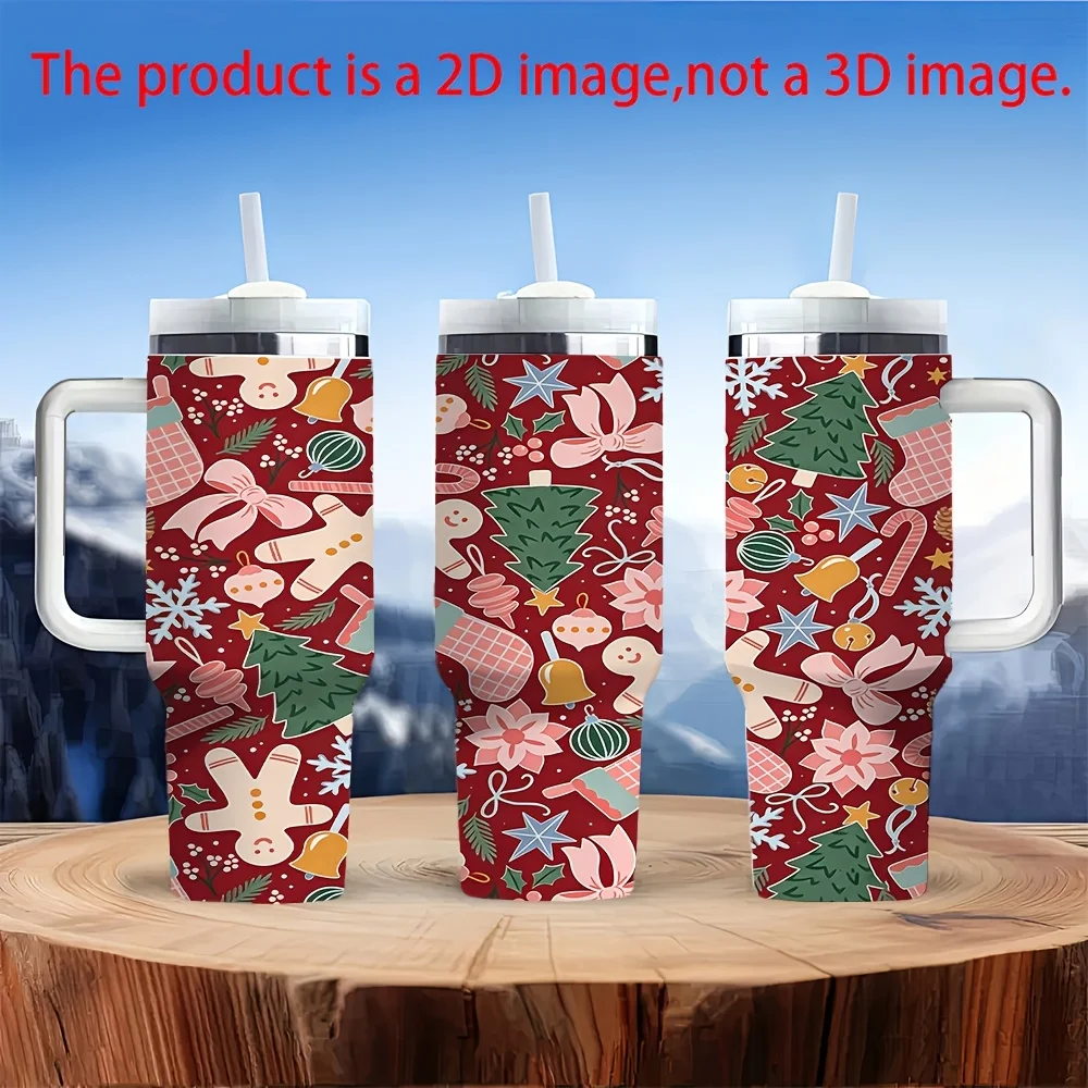 1ps Halloween and Christmas 40oz Stainless Steel Tumbler with Handle and Straw Lid, Xmas Gingerbread for Man Christmas Tree Snowflake Festive Print, Insulated Water Bottle for Home Office Outdoor Travel Camping Daily Holiday Drinking Use