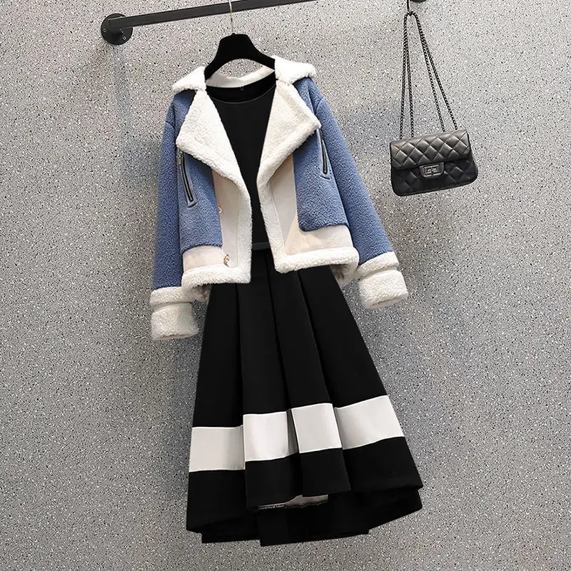 Korean Popular Winter New High-end Cashmere Jacket Coat Splicing Long Sleeve Dress Two-piece Elegant Women\'s Dresses Suit