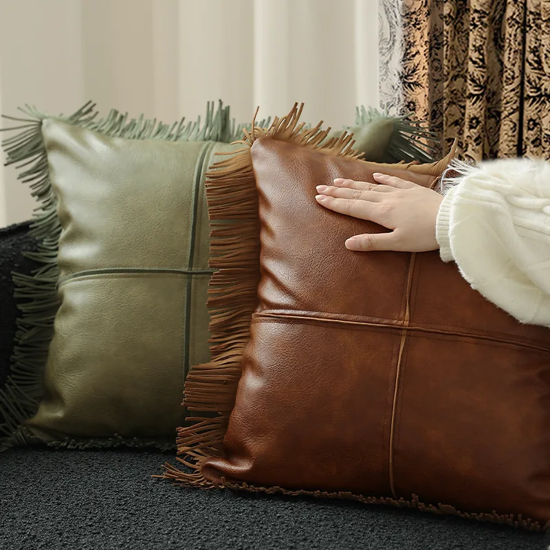 Luxury Nordic Vintage PU Leather Sofa Throw Pillow, Light Luxury Waist Support Back Cushion for Living Room Bay Window Office