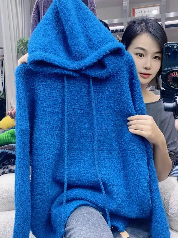 

Trendy Knitted Hooded Sweater Dstring White Slimming Mid-Length Korean Sle Commute Winter 2024 Large Size Yarn