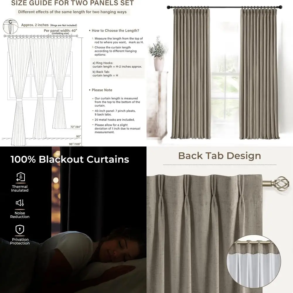 

Linen Blend 100% Blackout Curtains, 40x84, 20 Hooks, Pack of 2, Taupe Gray
