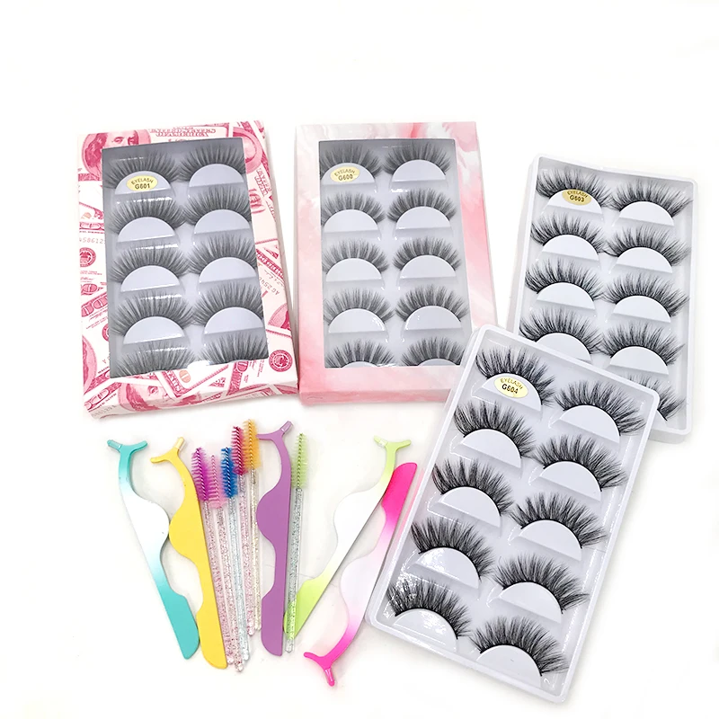 3D Faux Mink Strip Lashes with Lash Tweezer Spoolies Natural False Eyelashes 5 Pairs Eyelashes Book