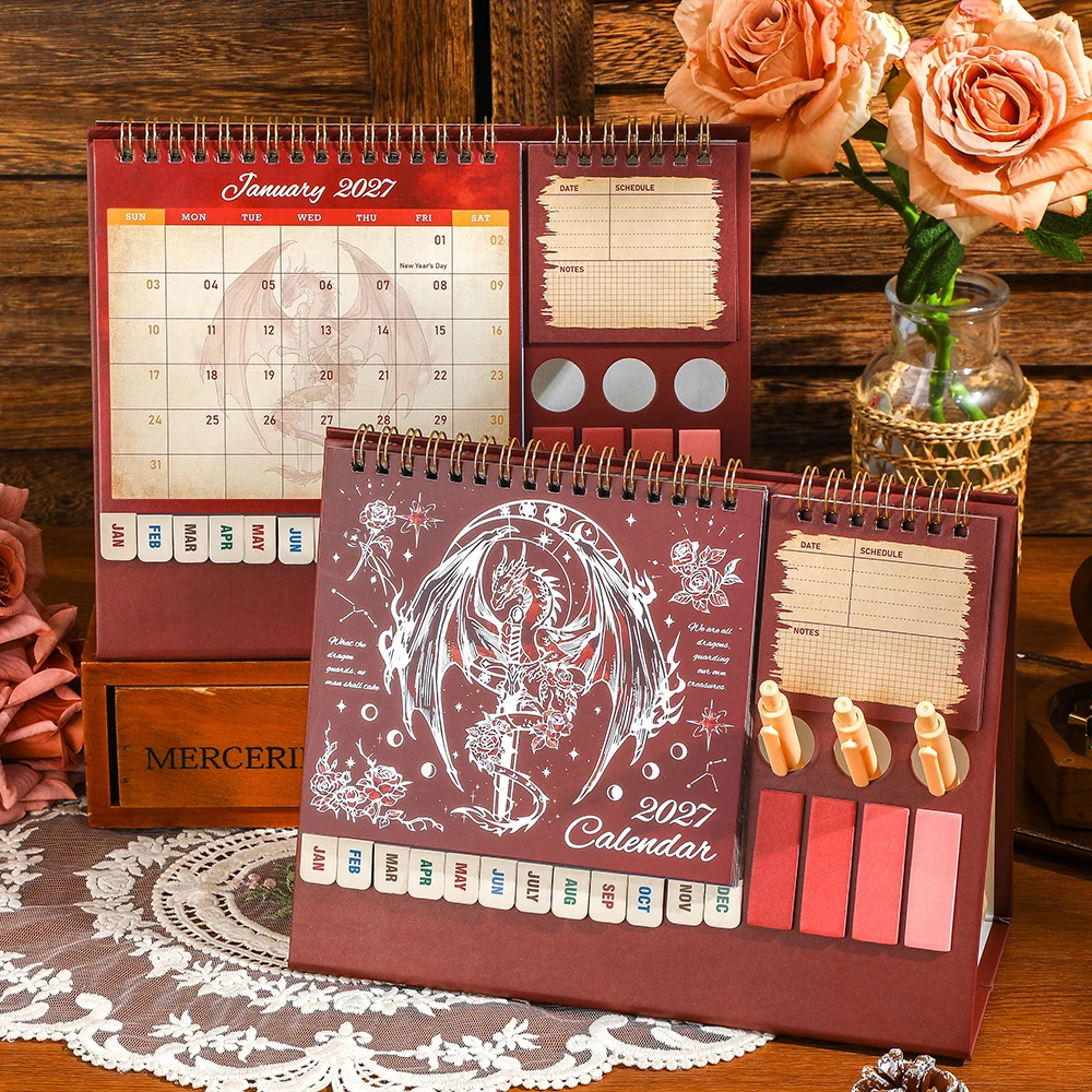 2027 Red Desk Calendar with Dragon Design Stickers Pen Holder All-in-One Organizer for Home Office School Daily Monthly Planning