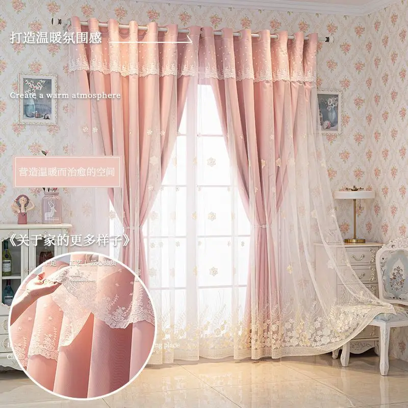 Simple and Modern Double-layer Curtain Rural Embroidered Sheer Curtain Plus Solid Color Cloth Curtain for Living Room Bedroom