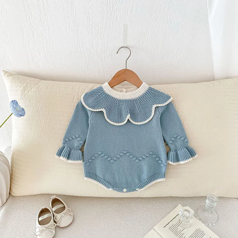 MILANCEL New Autumn Baby Knit Bodysuit Toddler Girls Cute Lotus Leaf Collar Pullover Infant Outwear One Piece