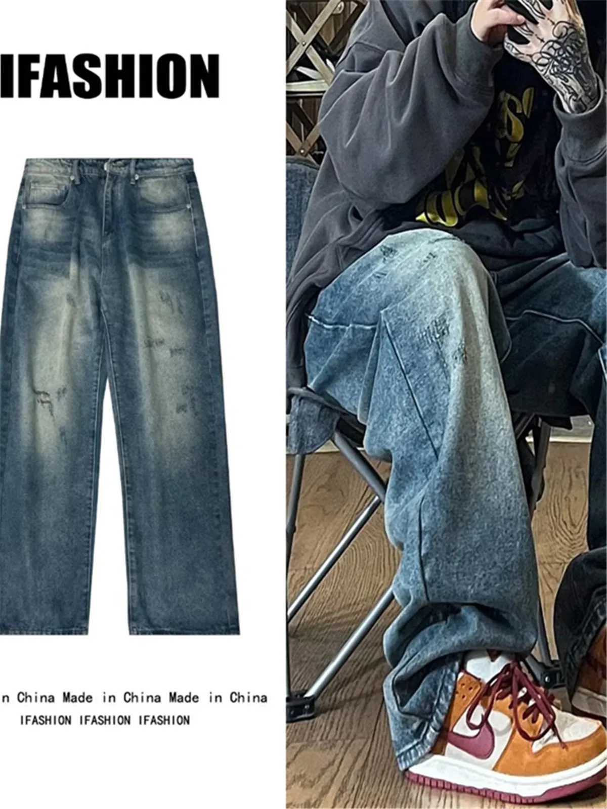 

Retro American Waed Hole Denim Jeans Men's Spring Autumn Straight Loose Casual Long Pants Trendy Brand High Street Sle