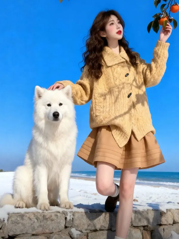 

Retro Sli Loose Button-Up Sweater Trendy Turn-down Collar Beautiful Top for Women Faionable Winter Outerwear