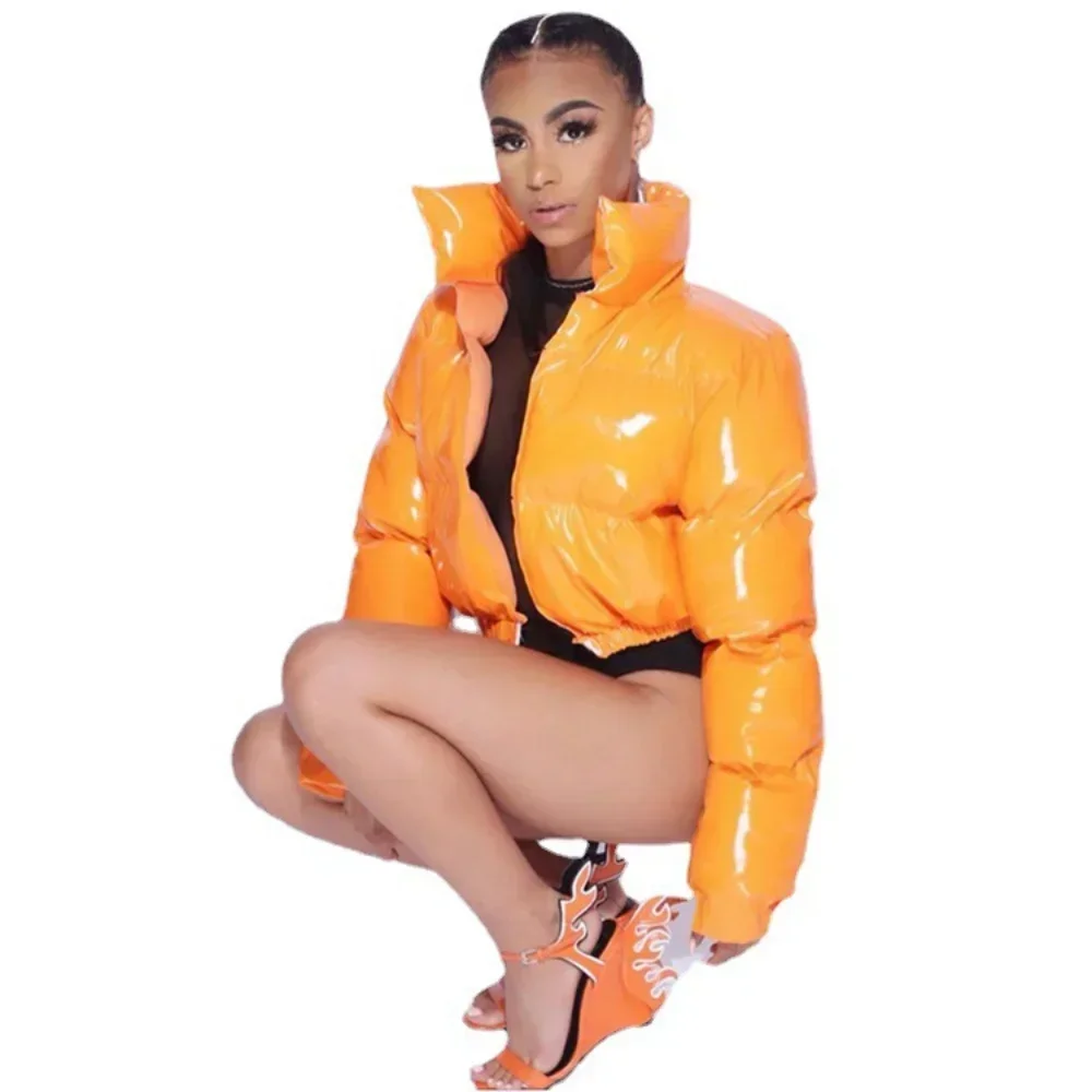 Women Cotton-padded Jacket Jacket Fashion Casual Glossy Long Sleeve Autumn And Winter Stand Collar Short Zipper Sexy Warm Street