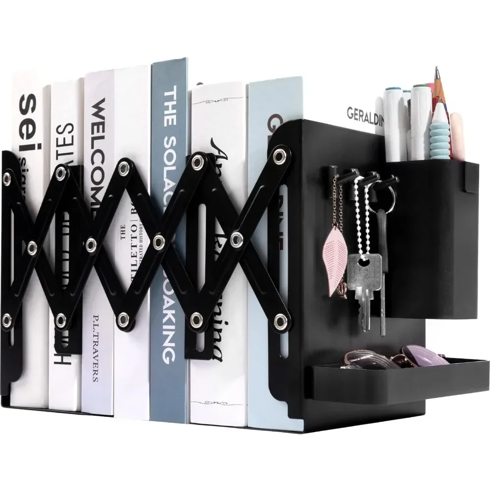 

19 "heavy duty books with metal bookends, 2 removable pen holders, trays and 3 connected divider bookcases