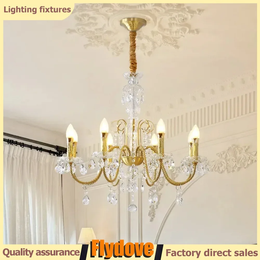 

French Luxury Brass Crystal Candle Pendant Light LED Retro Restaurant Study Villa Hotel Coffee Shop Pendant Light Decoration
