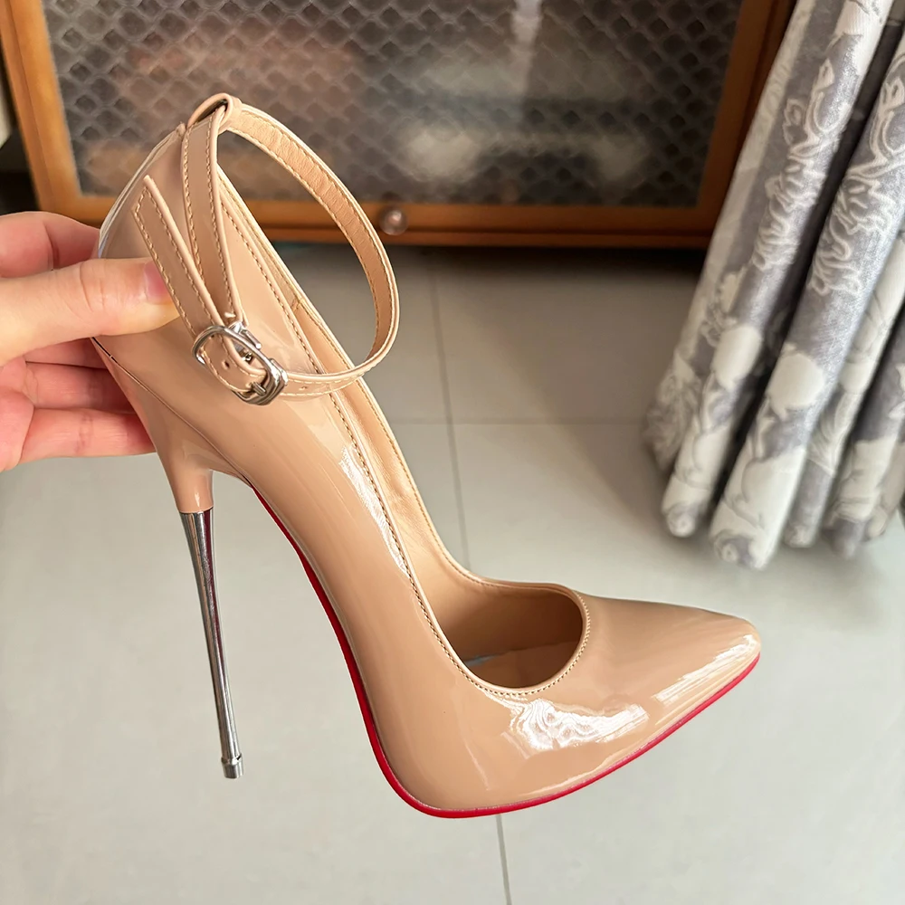 16cm Extreme Metal High Heels Chic Sexy Women Pumps Ankle Strap Apricot Fetish Model SM Customize Photograph Man Shoes